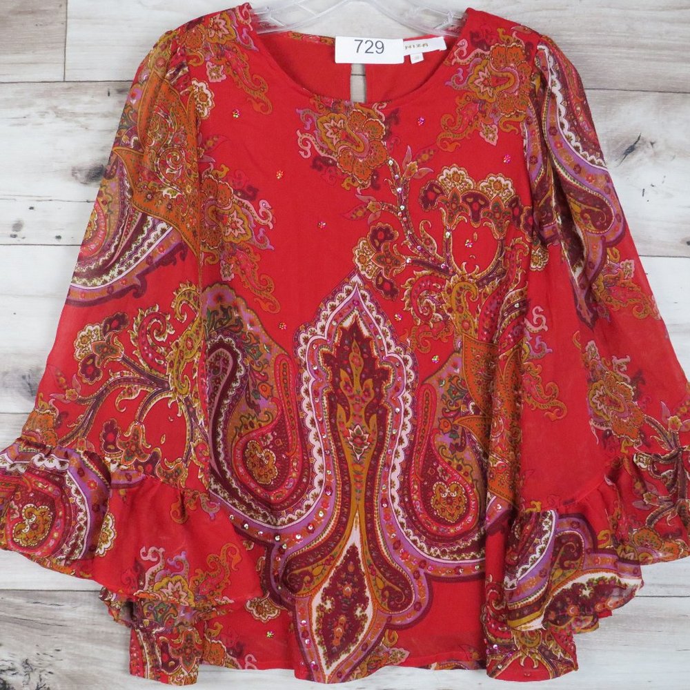 NIZA* Women's 3/4 Sleeve Crew Neck Keyhole Curved Hem Sheer Lined Blouse~Size 38